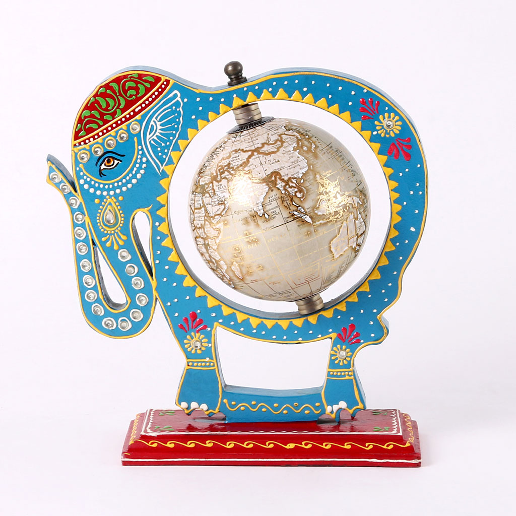 Blue Wooden Elephant Globe Showpiece