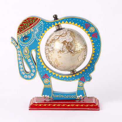 Blue Wooden Elephant Globe Showpiece