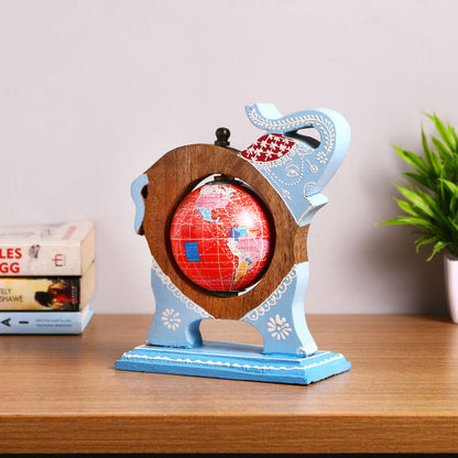 Blue Wooden Elephant Globe Showpiece