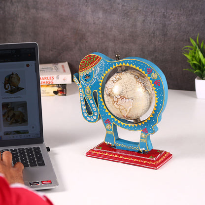 Blue Wooden Elephant Globe Showpiece